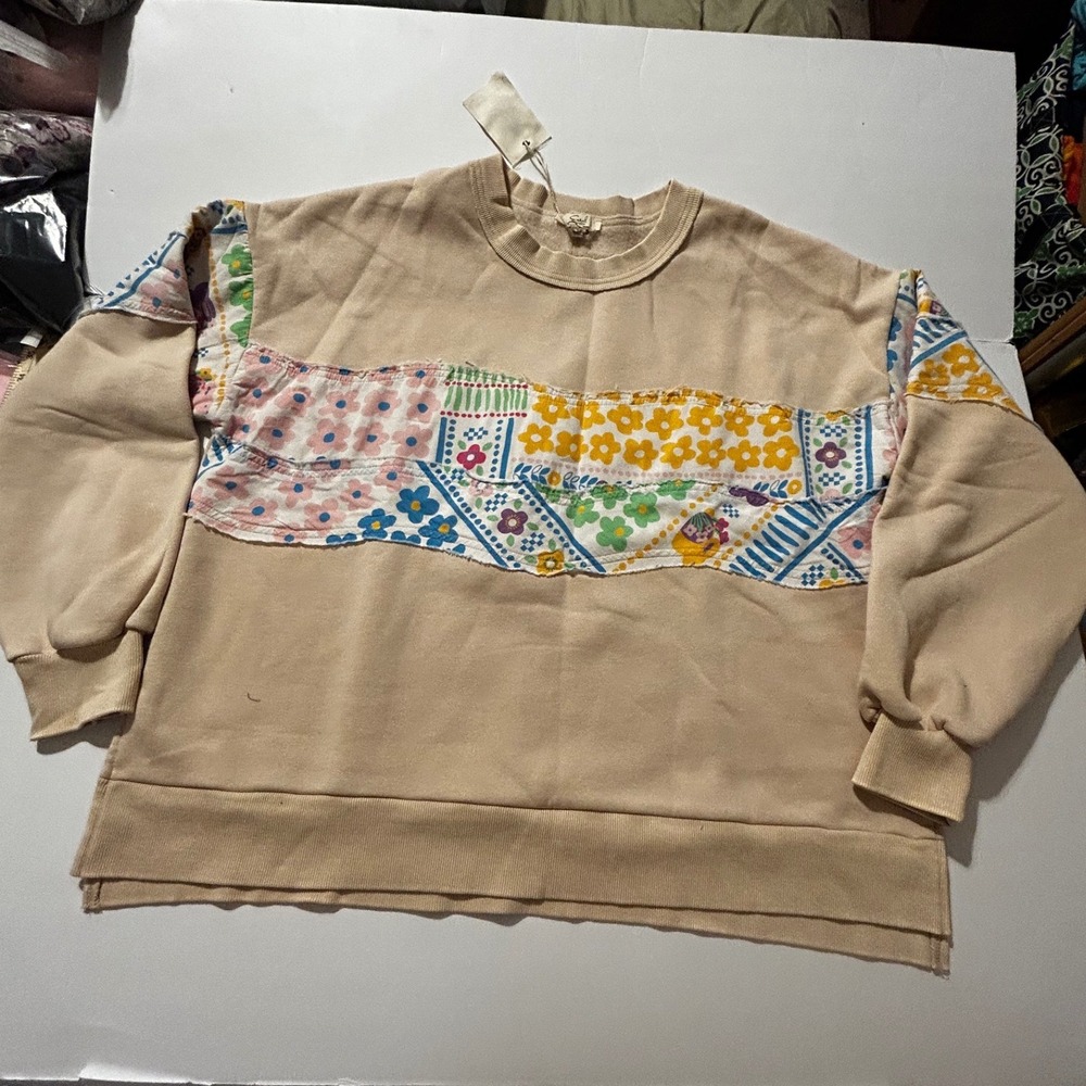 Easel Tan Floral Patchwork Crewneck Sweatshirt Lg Boho Oversized Shabby Chic